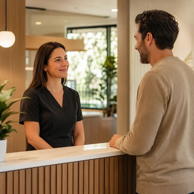 A team member greeting a patient at the reception desk