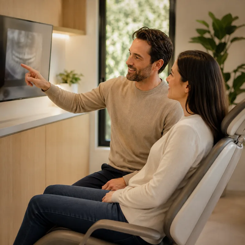 A dentist showing a patient their X-ray on a screen